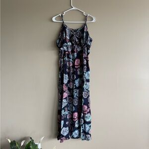 Sahara Navy Floral Cold Shoulder Ruffle Sleeve Maxi Dress